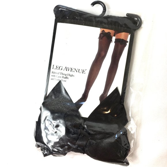 *LEG AVENUE #6269 Thigh Highs Blk Ribbed w/ Blk Bow NWT NOS - Picture 3 of 8